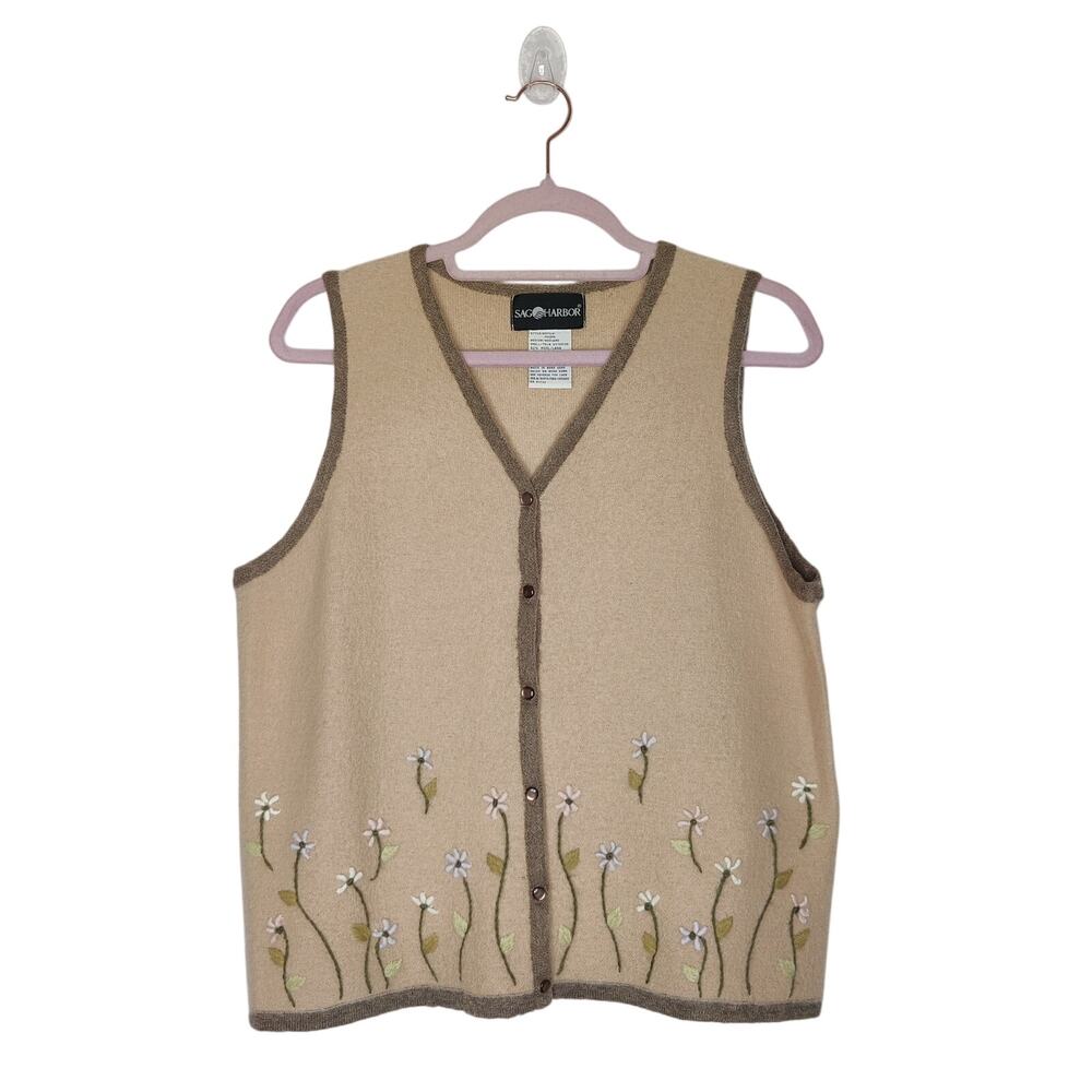 Vtg Sag Harbor Wool Mohair Floral Embroidered Cottage Vest Medium Scandi Girl